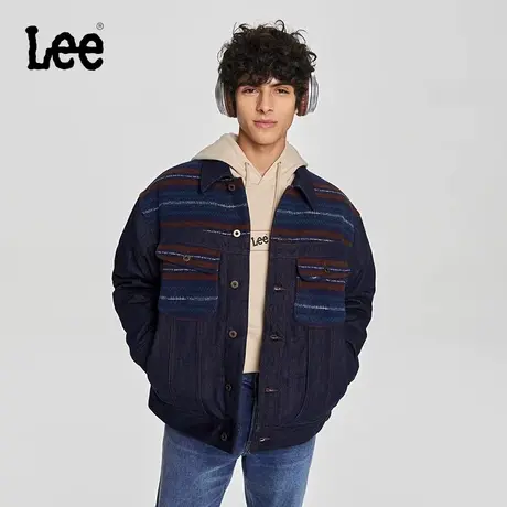 Lee商场同款23秋冬新品舒适版深蓝色羊毛毛呢拼接牛仔羽绒服男潮图片