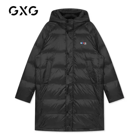 【特价】GXG男装 冬季新款黑色连帽加厚鸭绒男士长款羽绒服潮流商品大图
